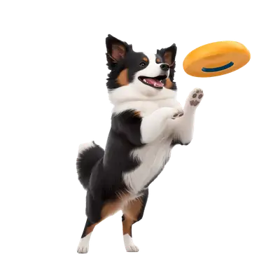 adorable border collie dog catching frisbee mid jump 3d cartoon transparent background